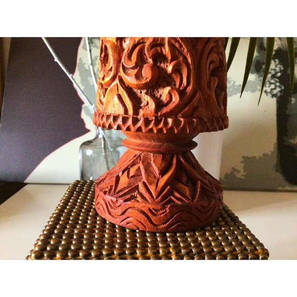 Vintage Vase Ornate Floral Hand Carvings Wooden 10" x 4"  Made In Thailand - Picture 11 of 14
